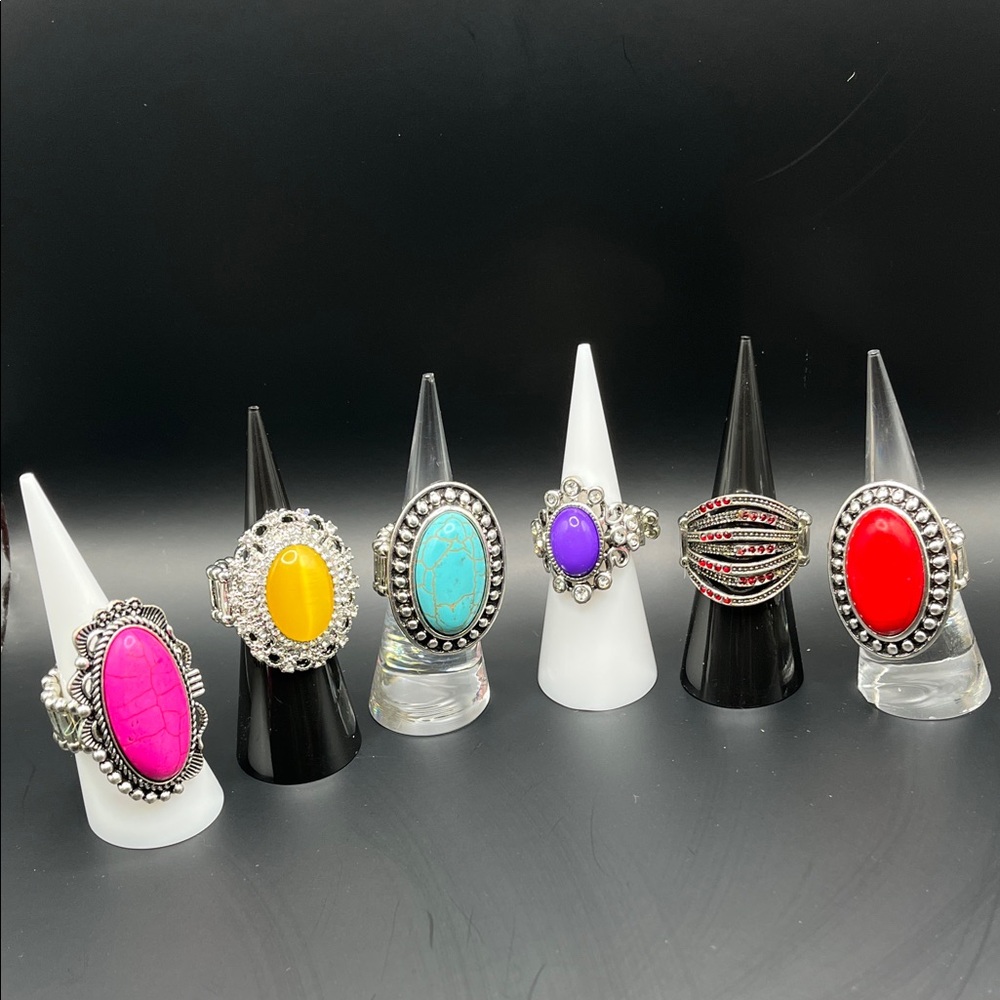 6 Stretchy Colorful Oval Stone  Ring - Pink, Yellow, Turquoise, Purple, Red